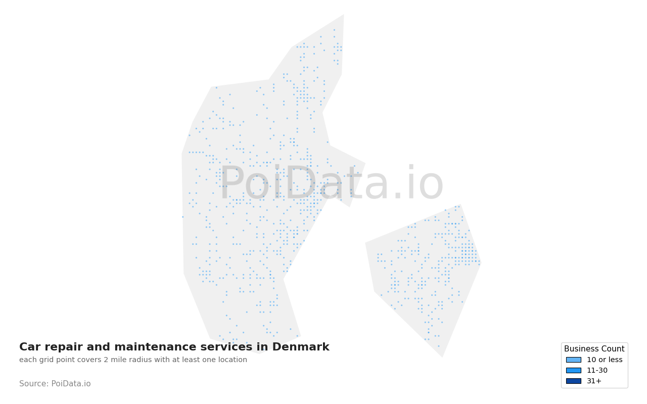 Car repair and maintenance service density map for Denmark