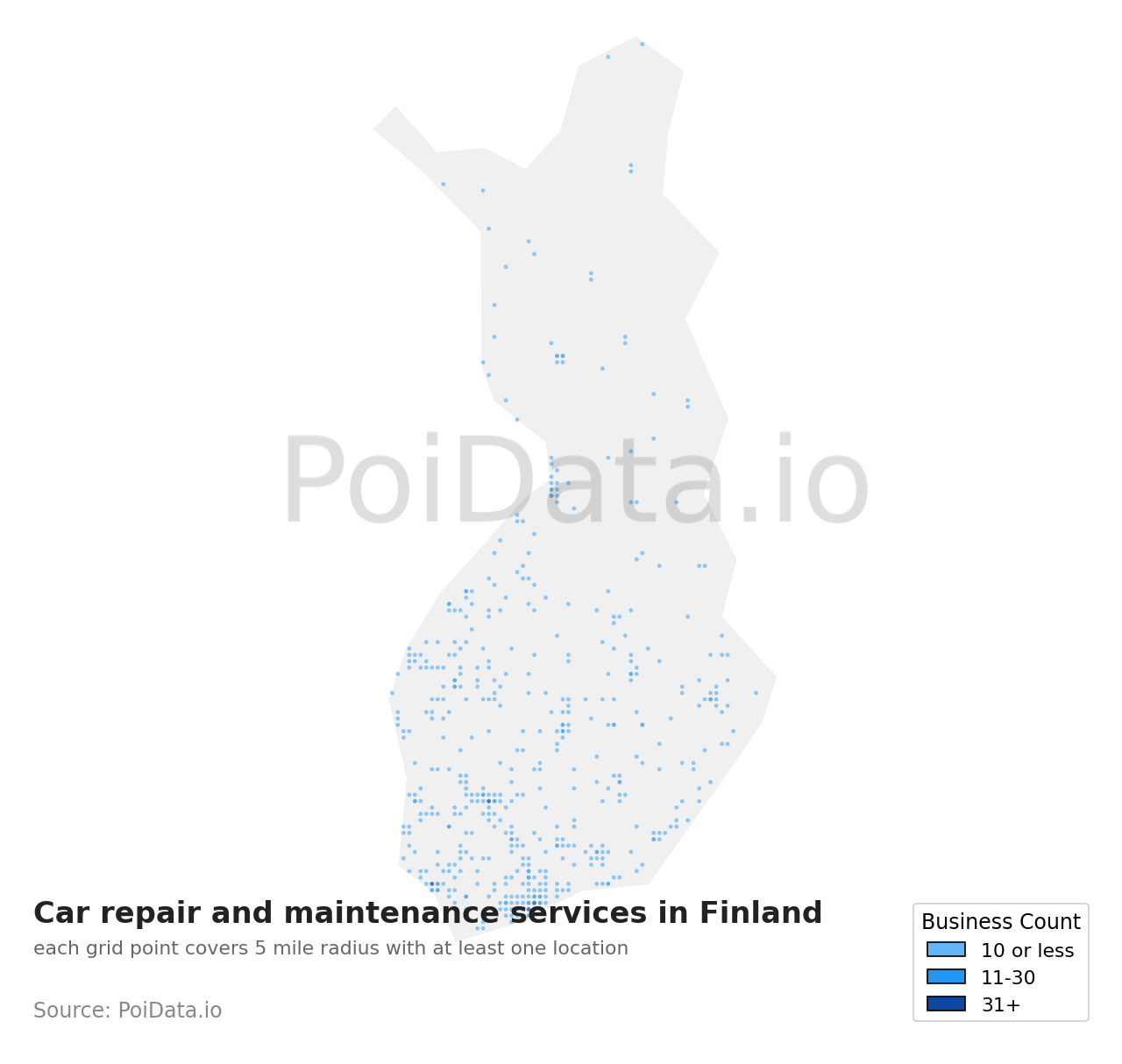 Car repair and maintenance service density map for Finland