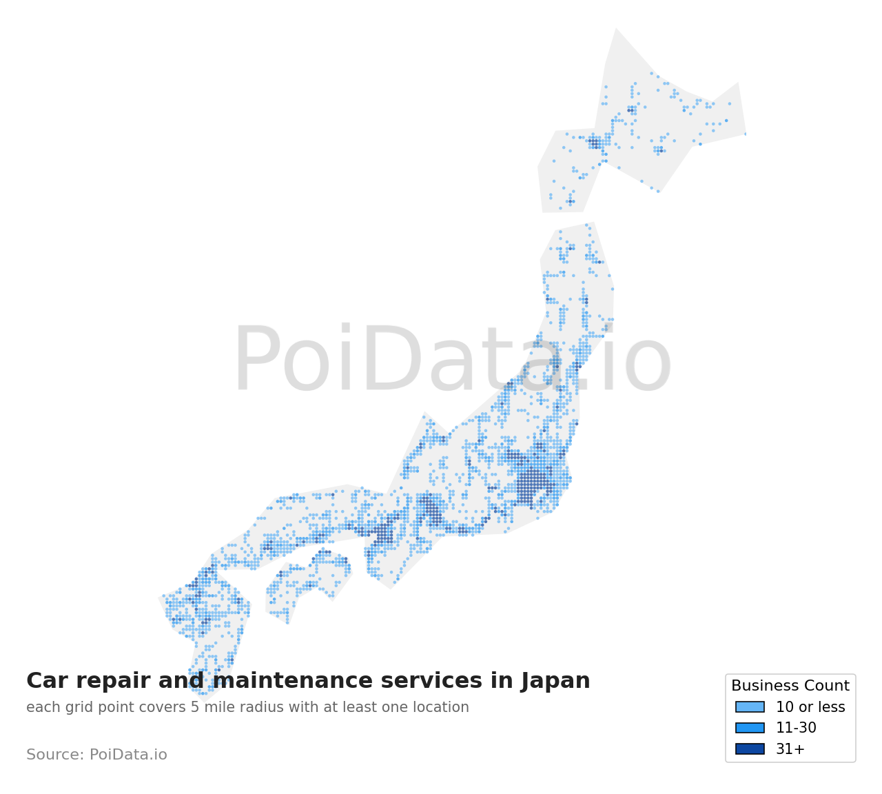 Car repair and maintenance service density map for Japan