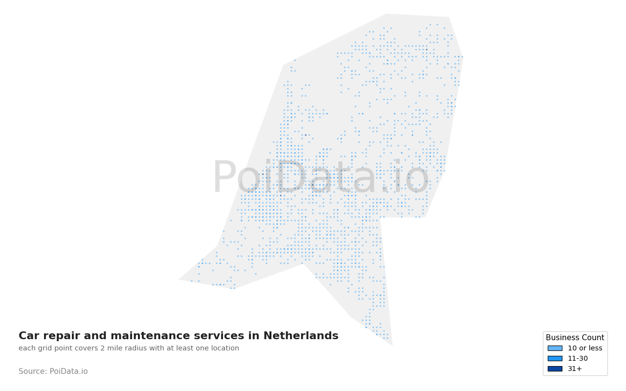 Car repair and maintenance service density map for Netherlands