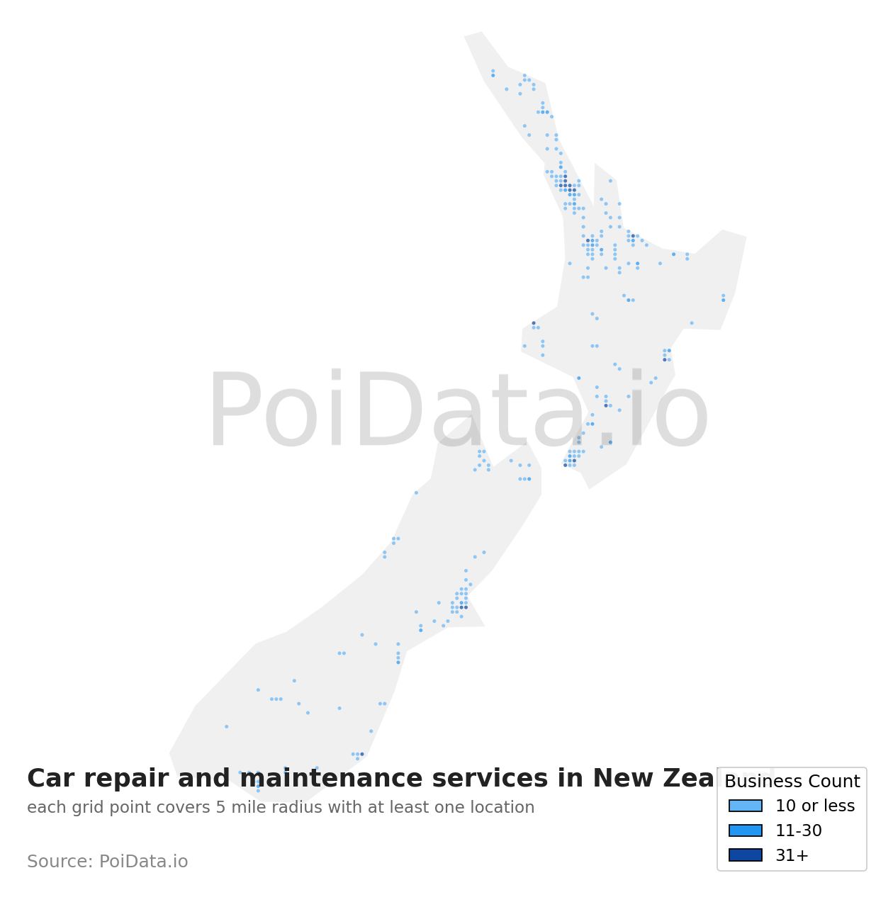 Car repair and maintenance service density map for New Zealand