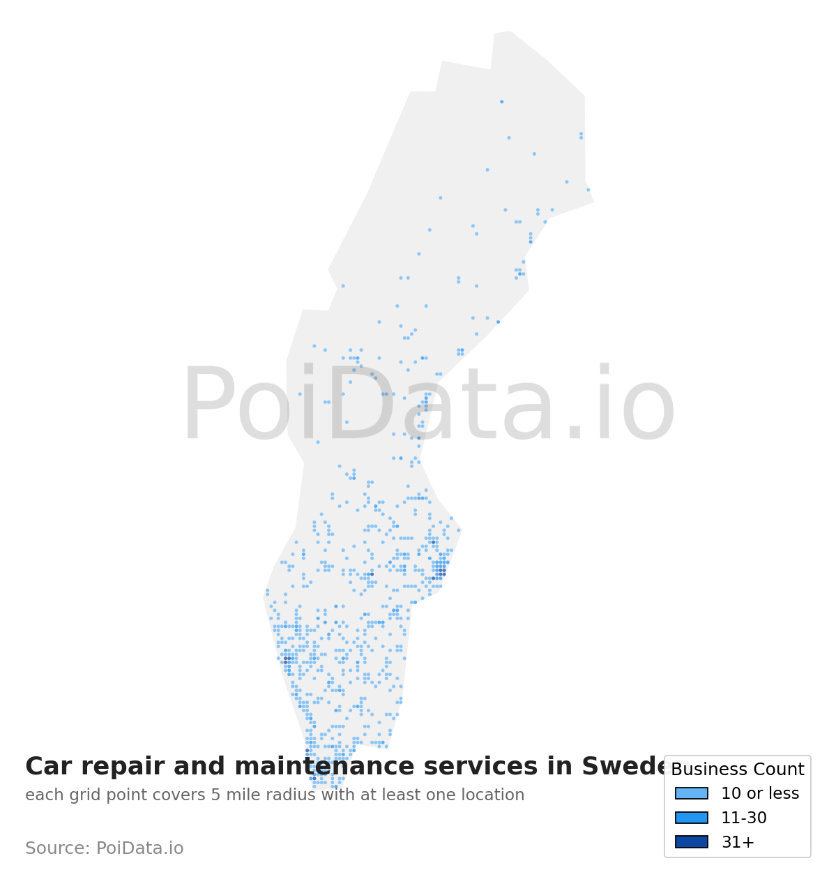 Car repair and maintenance service density map for Sweden