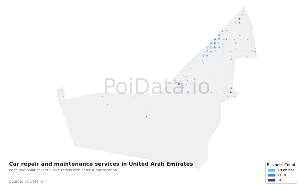 Car repair and maintenance service density map for United Arab Emirates