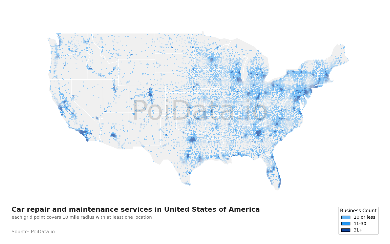 Car repair and maintenance service density map for Virginia, United States
