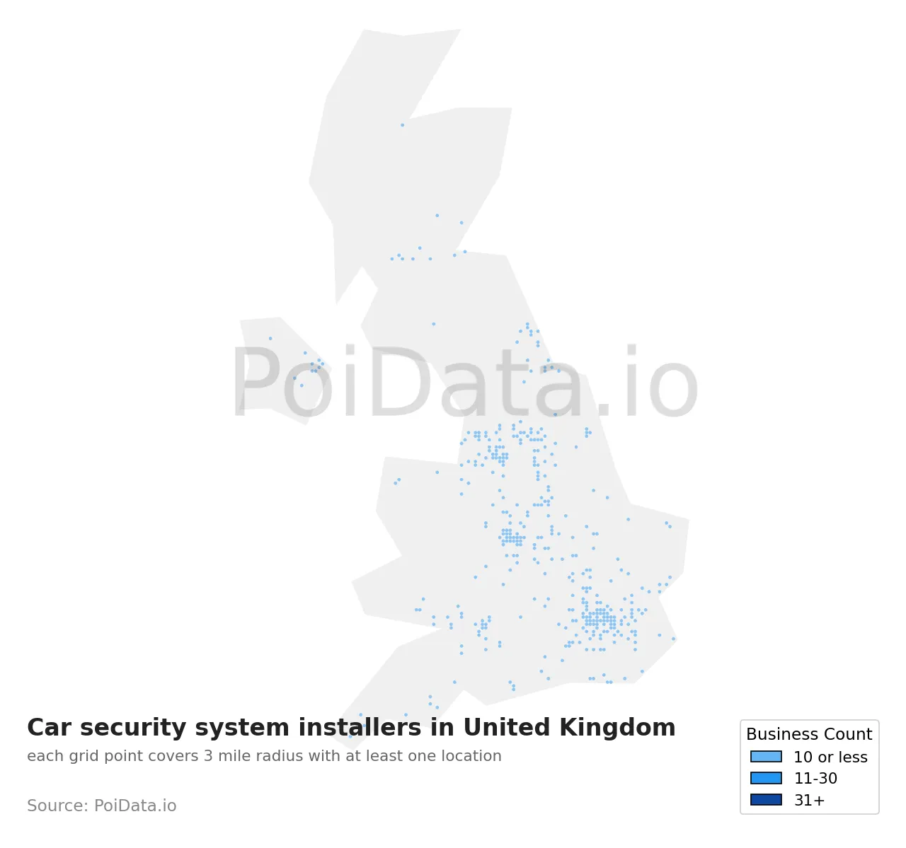 Car security system installer density map for United Kingdom