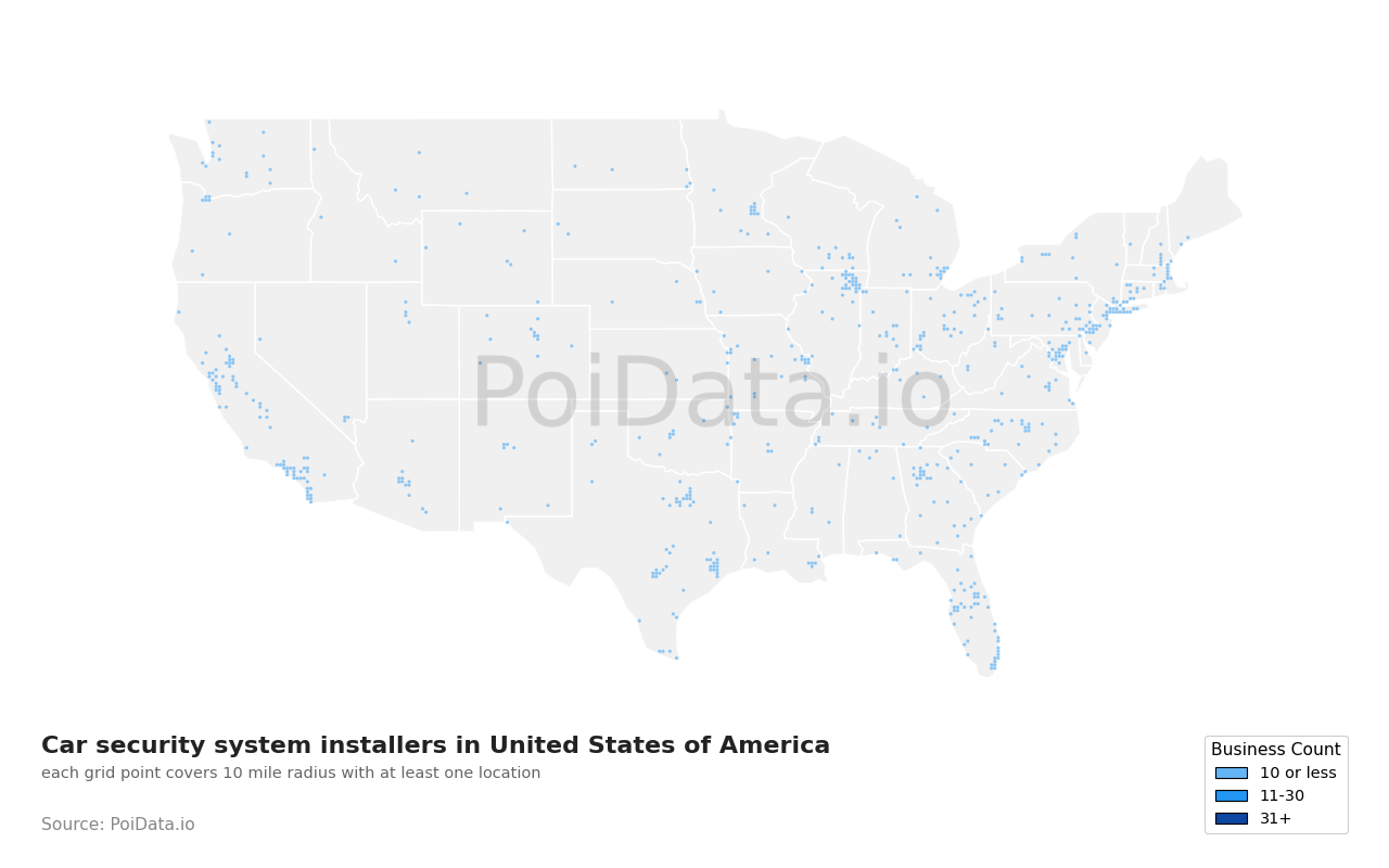 Car security system installer density map for New York, United States