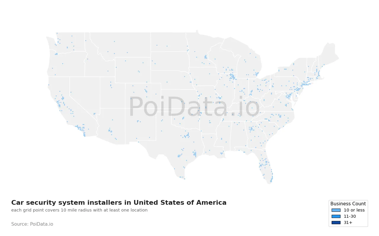Car security system installer density map for United States