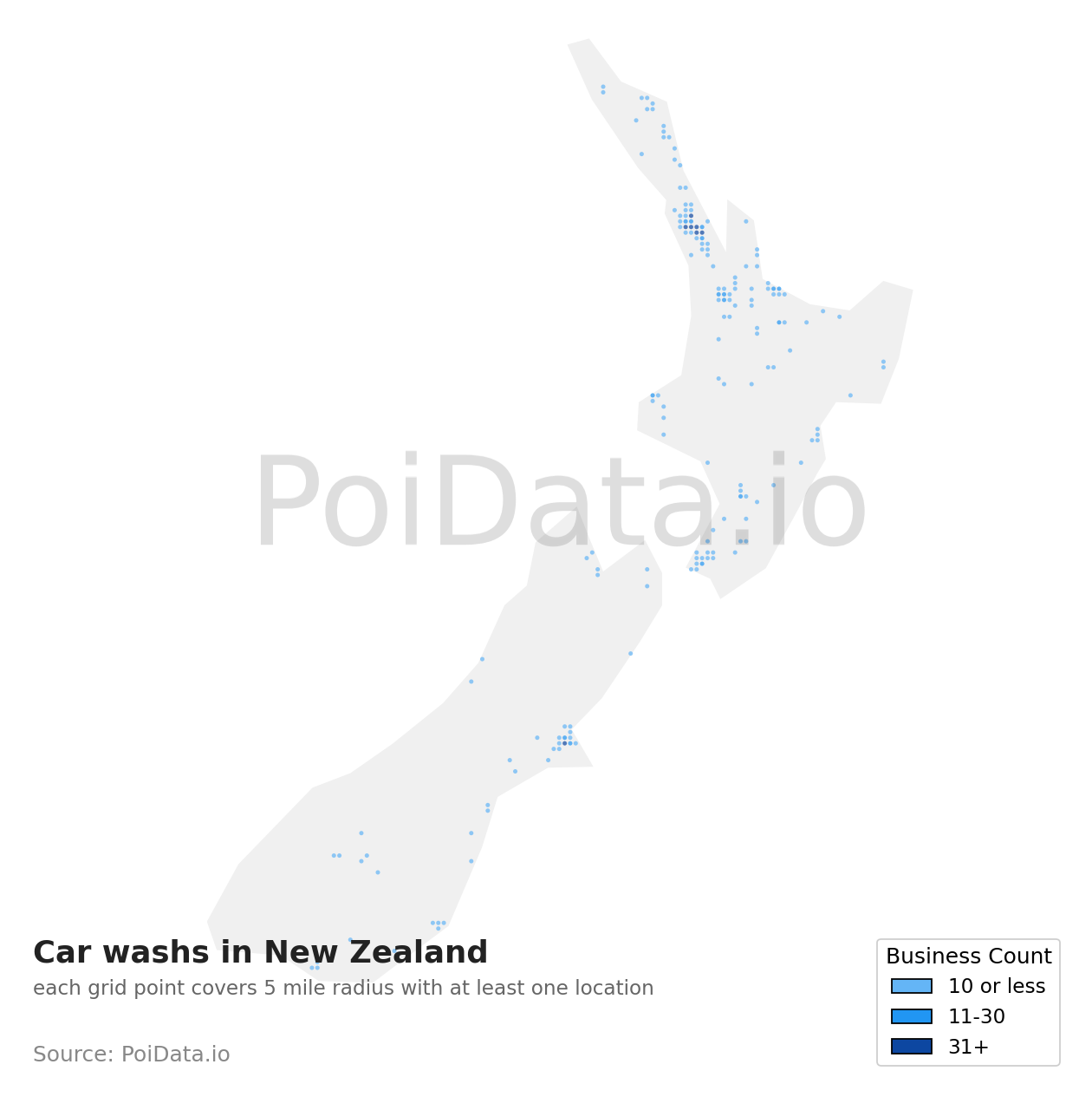 Car wash density map for New Zealand