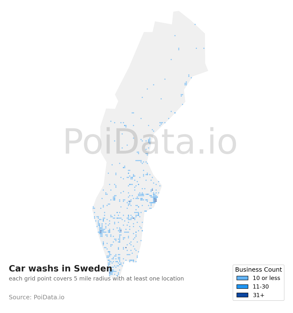 Car wash density map for Sweden