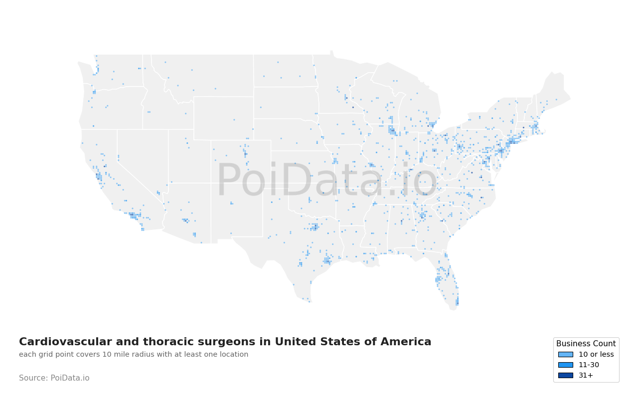 Cardiovascular and thoracic surgeon density map for Florida, United States