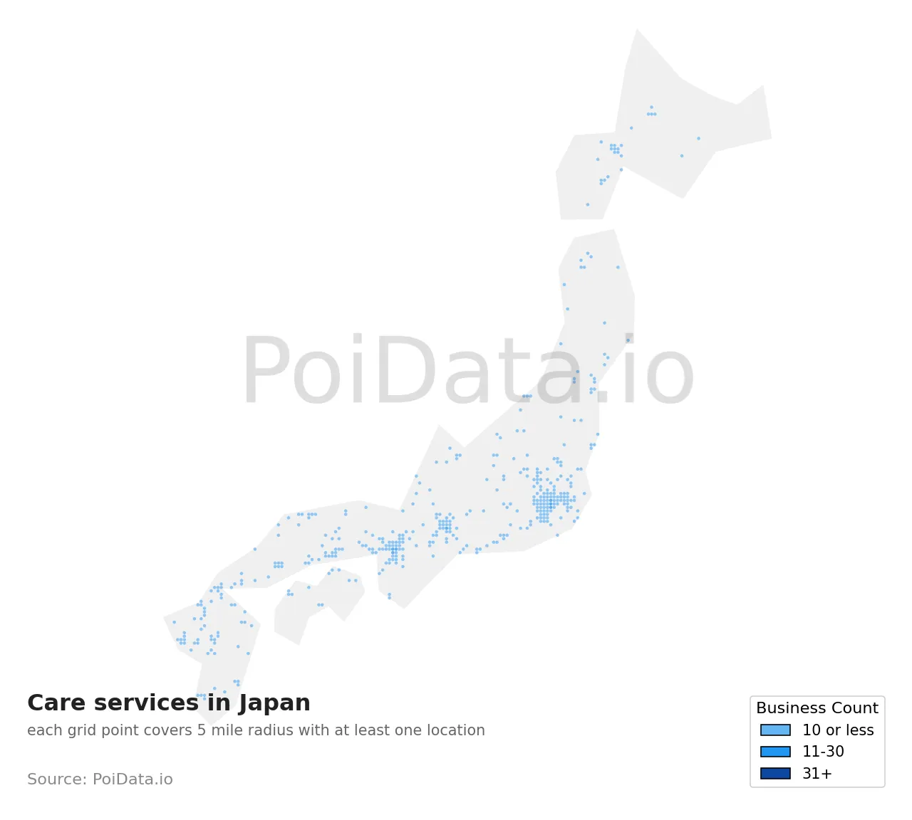 Care services density map for Japan