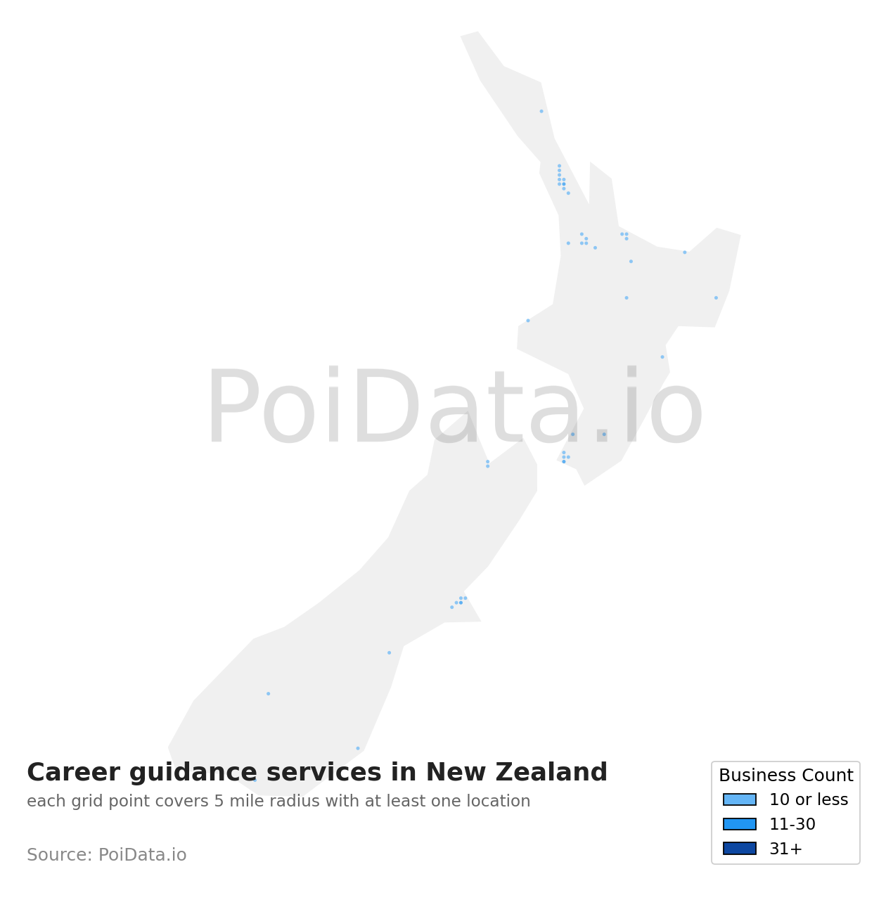 Career guidance service density map for New Zealand