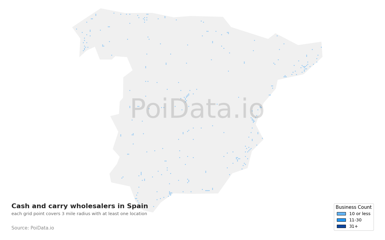 Cash and carry wholesaler density map for Spain
