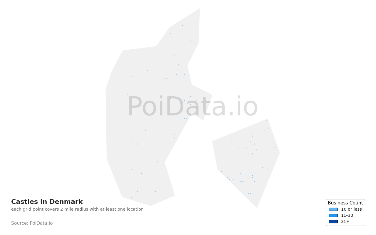Castle density map for Denmark