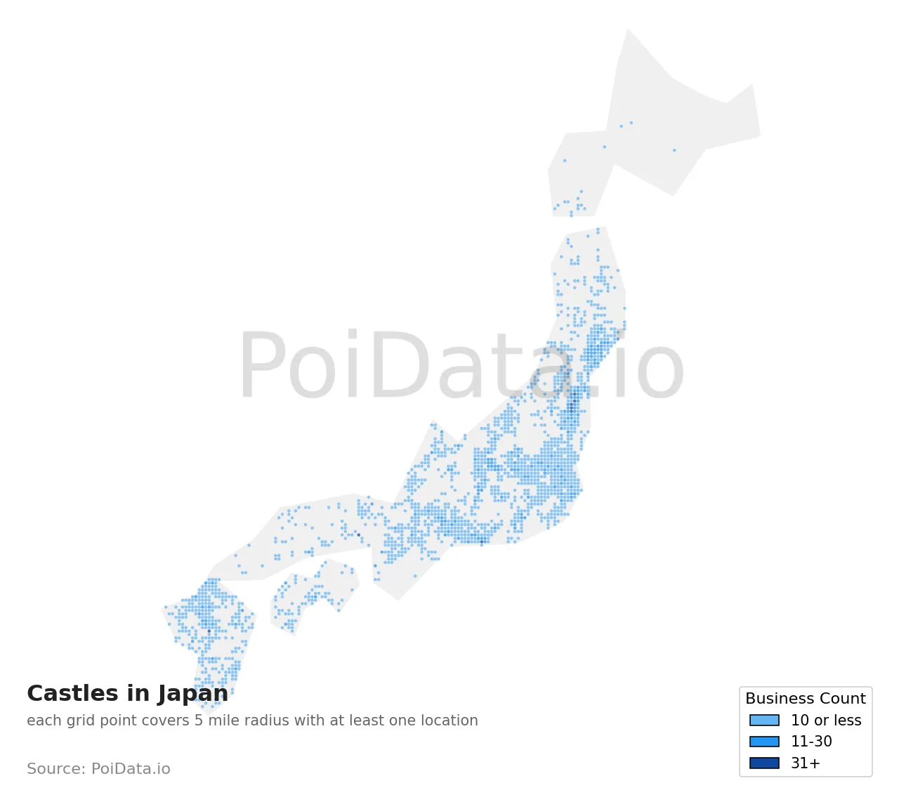 Castle density map for Japan