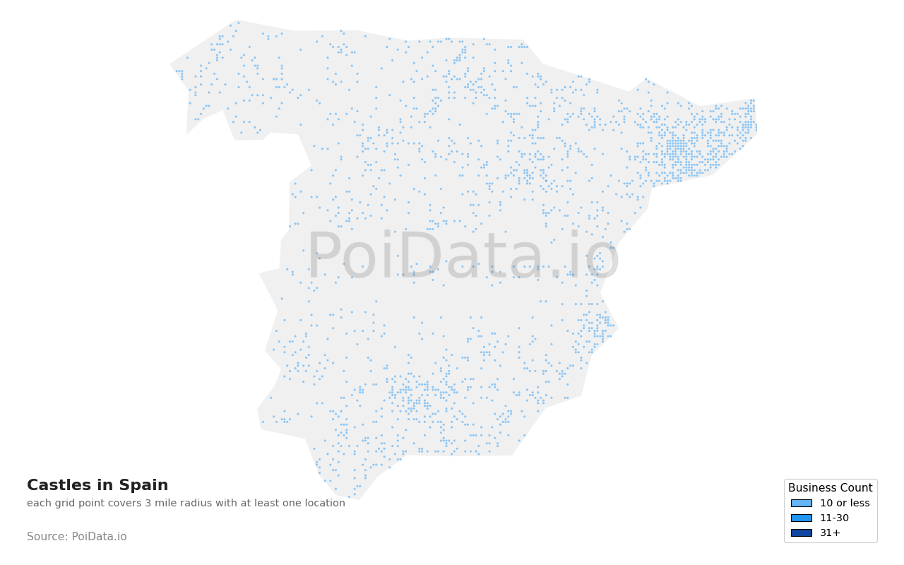 Castle density map for Spain