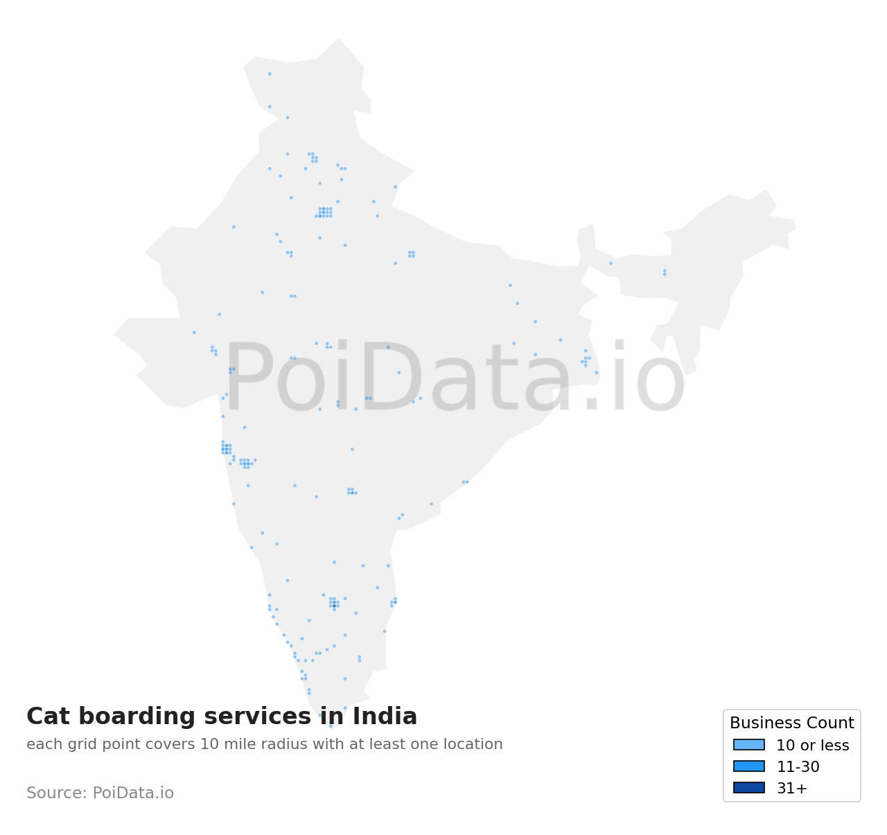Cat boarding service density map for India