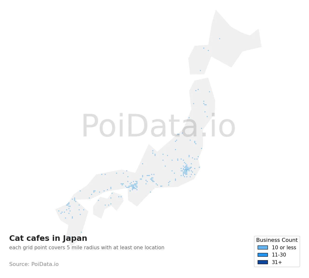Cat cafe density map for Japan