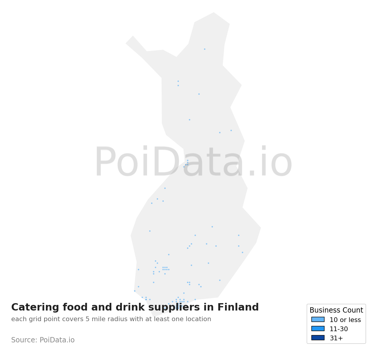 Catering food and drink supplier density map for Finland