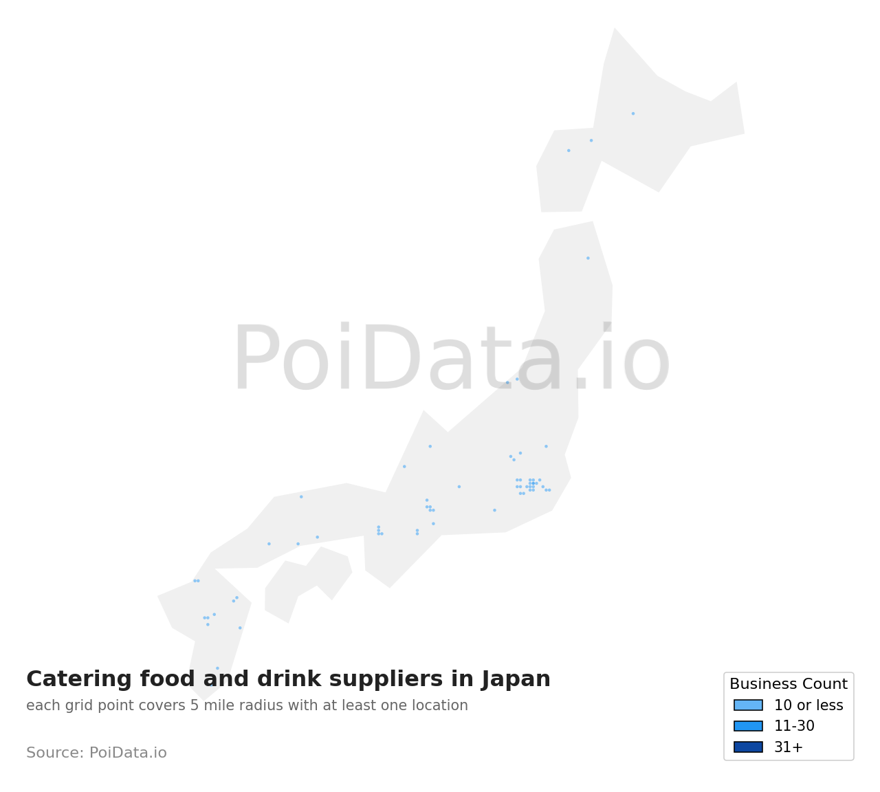 Catering food and drink supplier density map for Japan