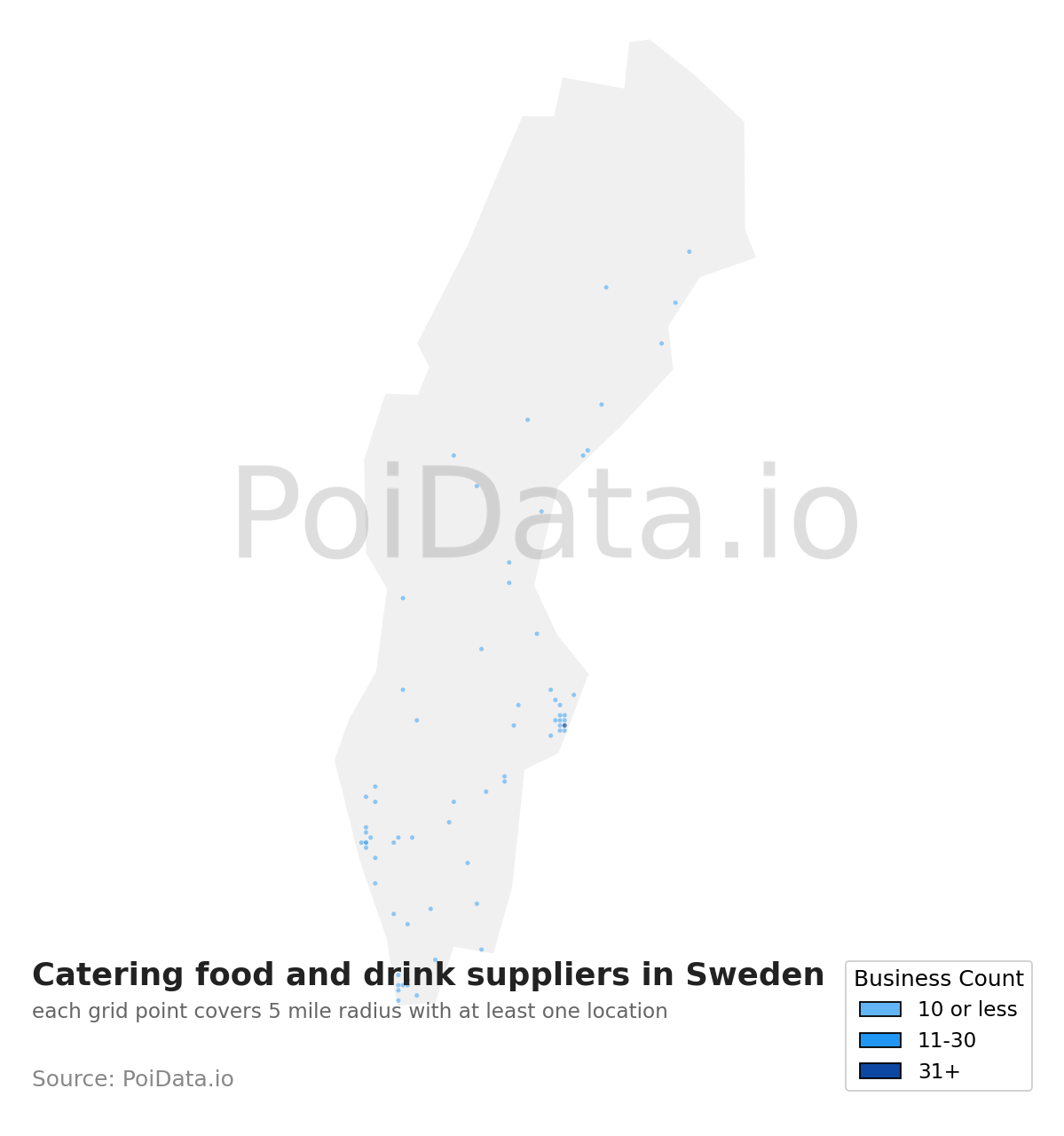 Catering food and drink supplier density map for Sweden