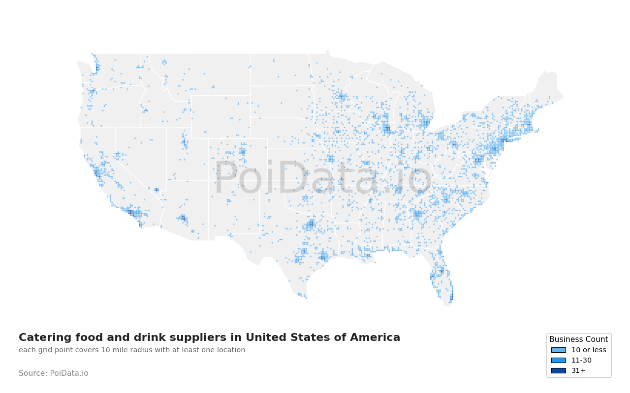 Catering food and drink supplier density map for California, United States