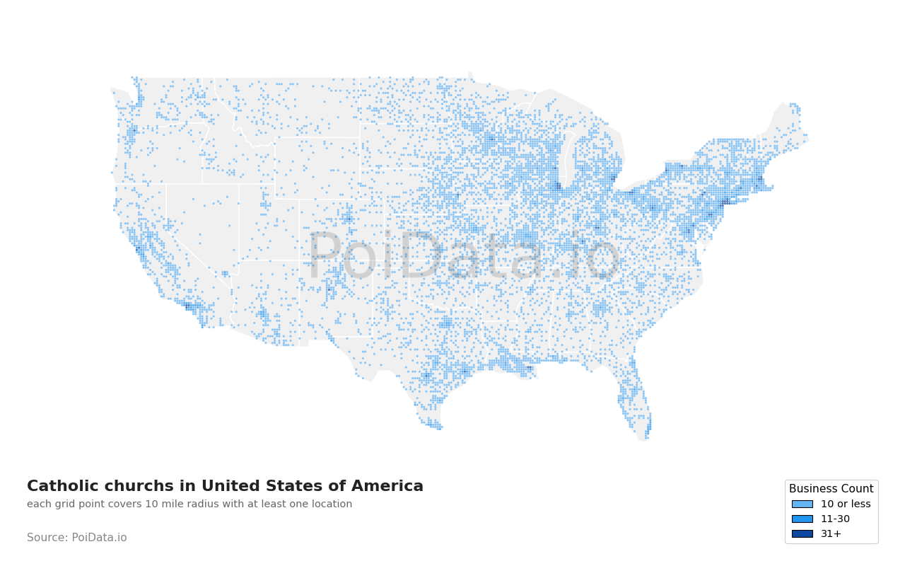 Catholic church density map for United States