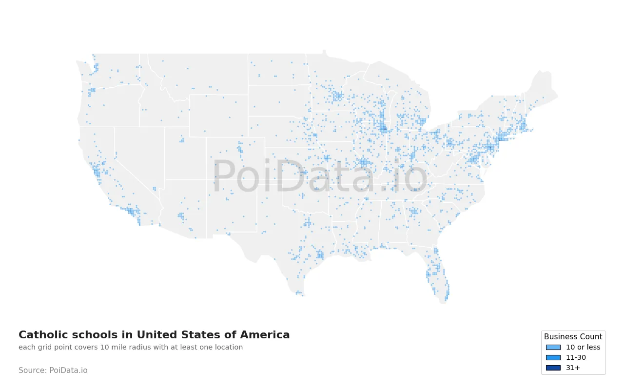 Catholic school density map for United States