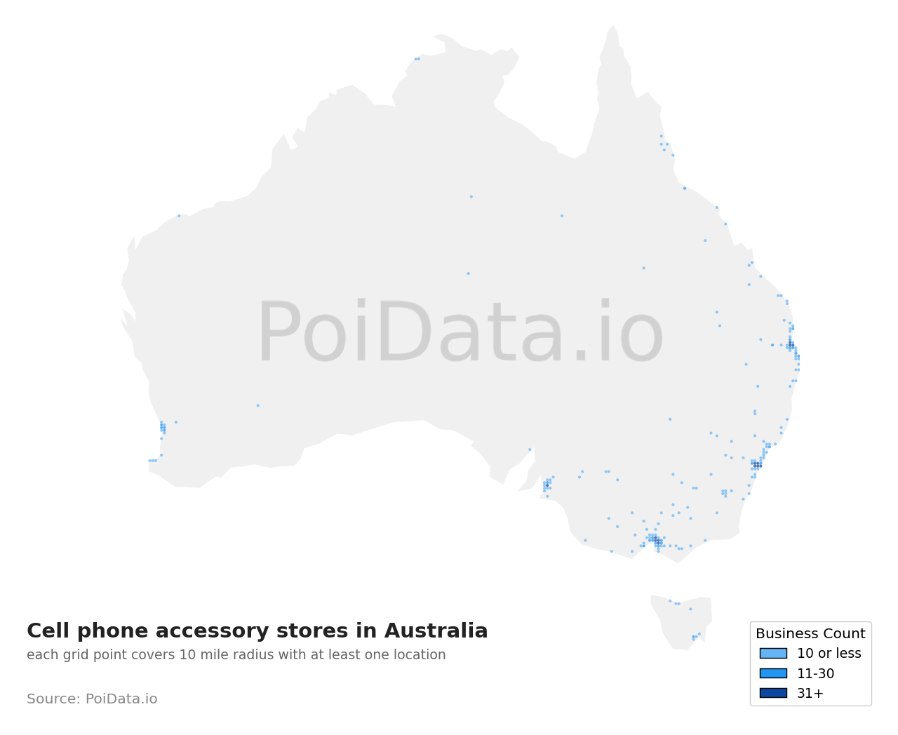 Cell phone accessory store density map for Australia