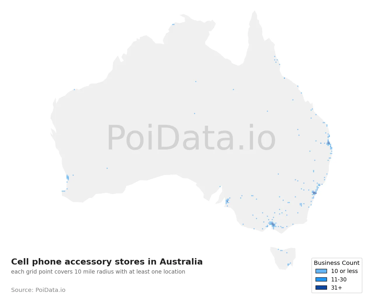 Cell phone accessory store density map for Australia