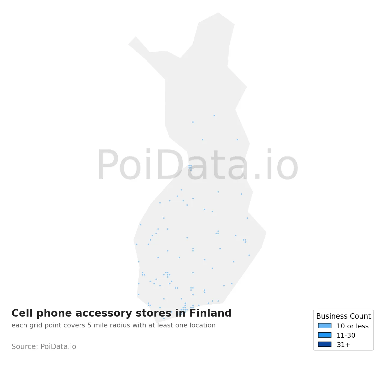 Cell phone accessory store density map for Finland
