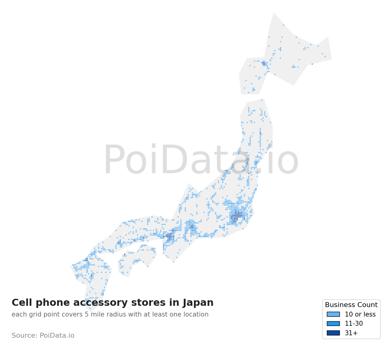 Cell phone accessory store density map for Japan