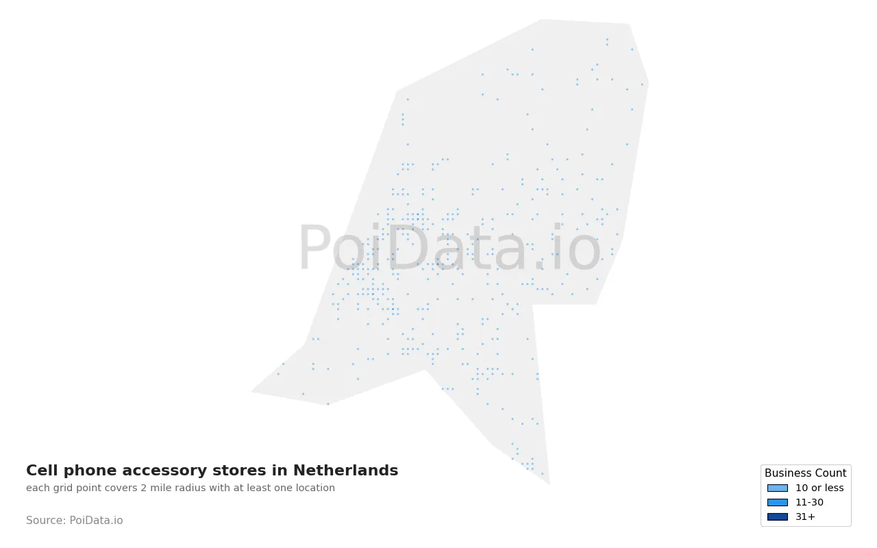 Cell phone accessory store density map for Netherlands