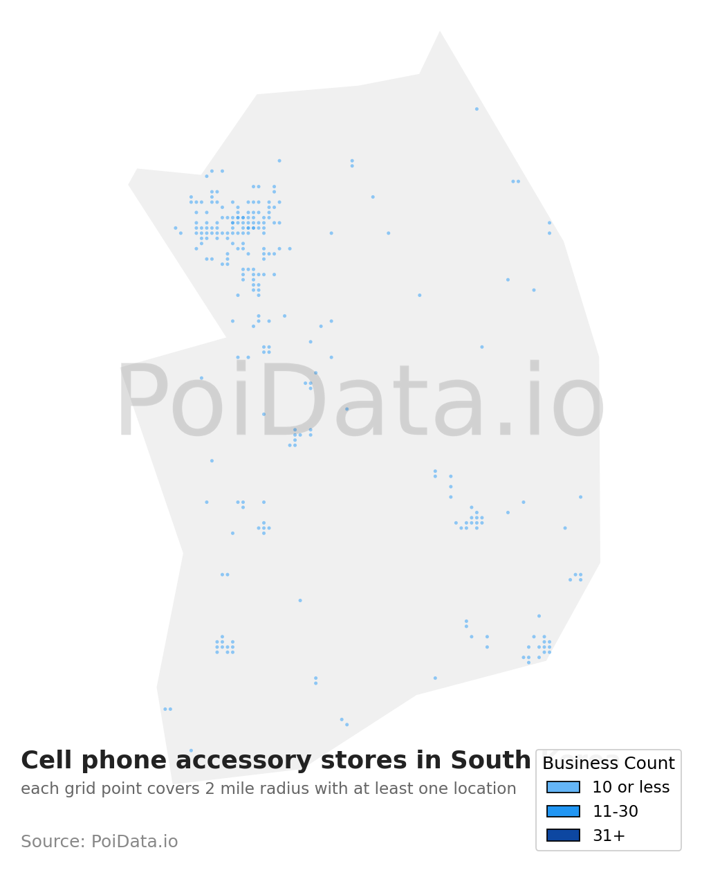 Cell phone accessory store density map for South Korea