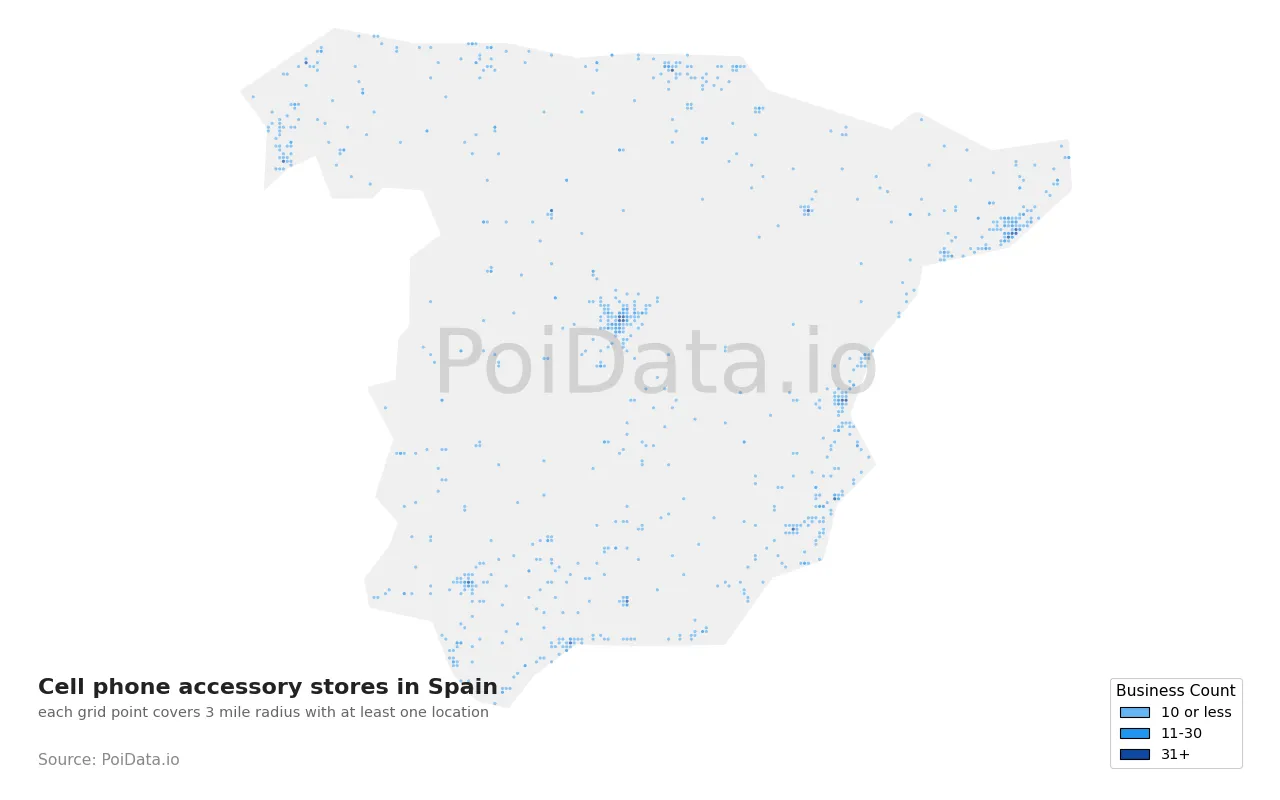 Cell phone accessory store density map for Spain