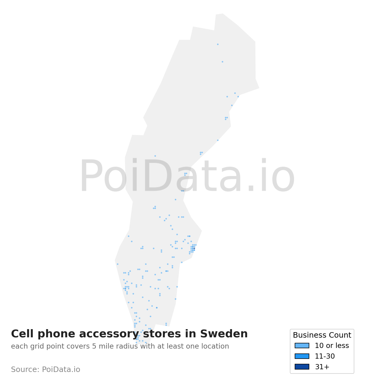 Cell phone accessory store density map for Sweden