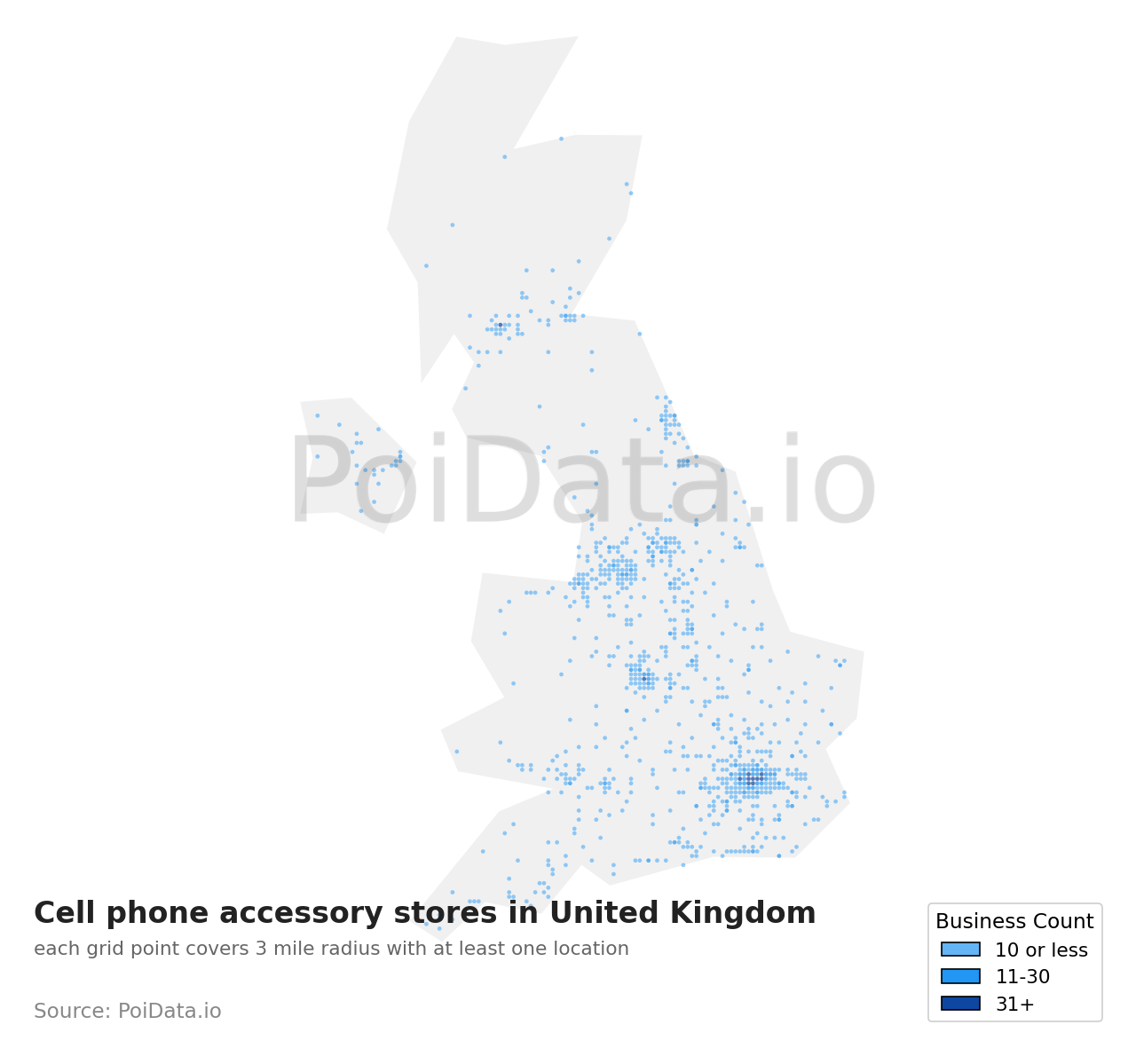 Cell phone accessory store density map for United Kingdom