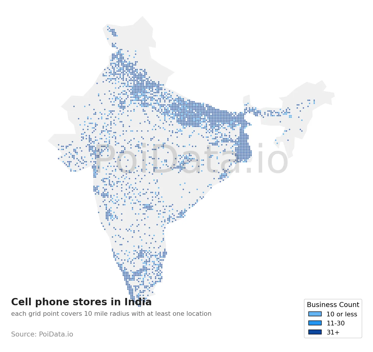 Cell phone store density map for India
