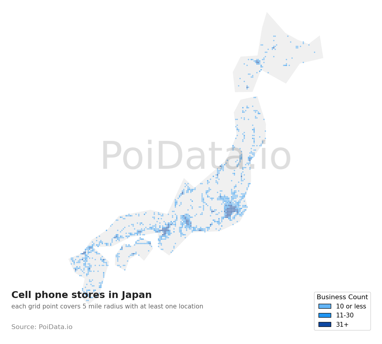 Cell phone store density map for Japan