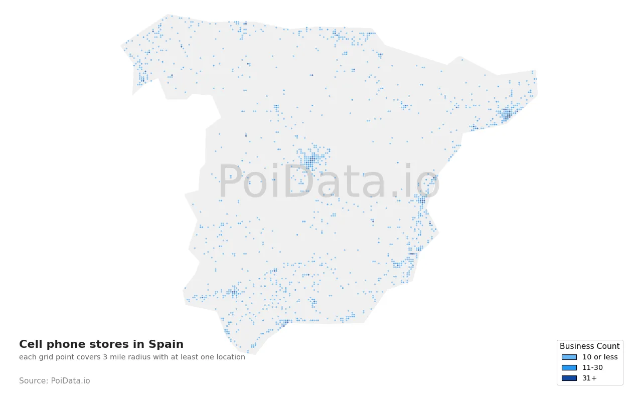 Cell phone store density map for Spain