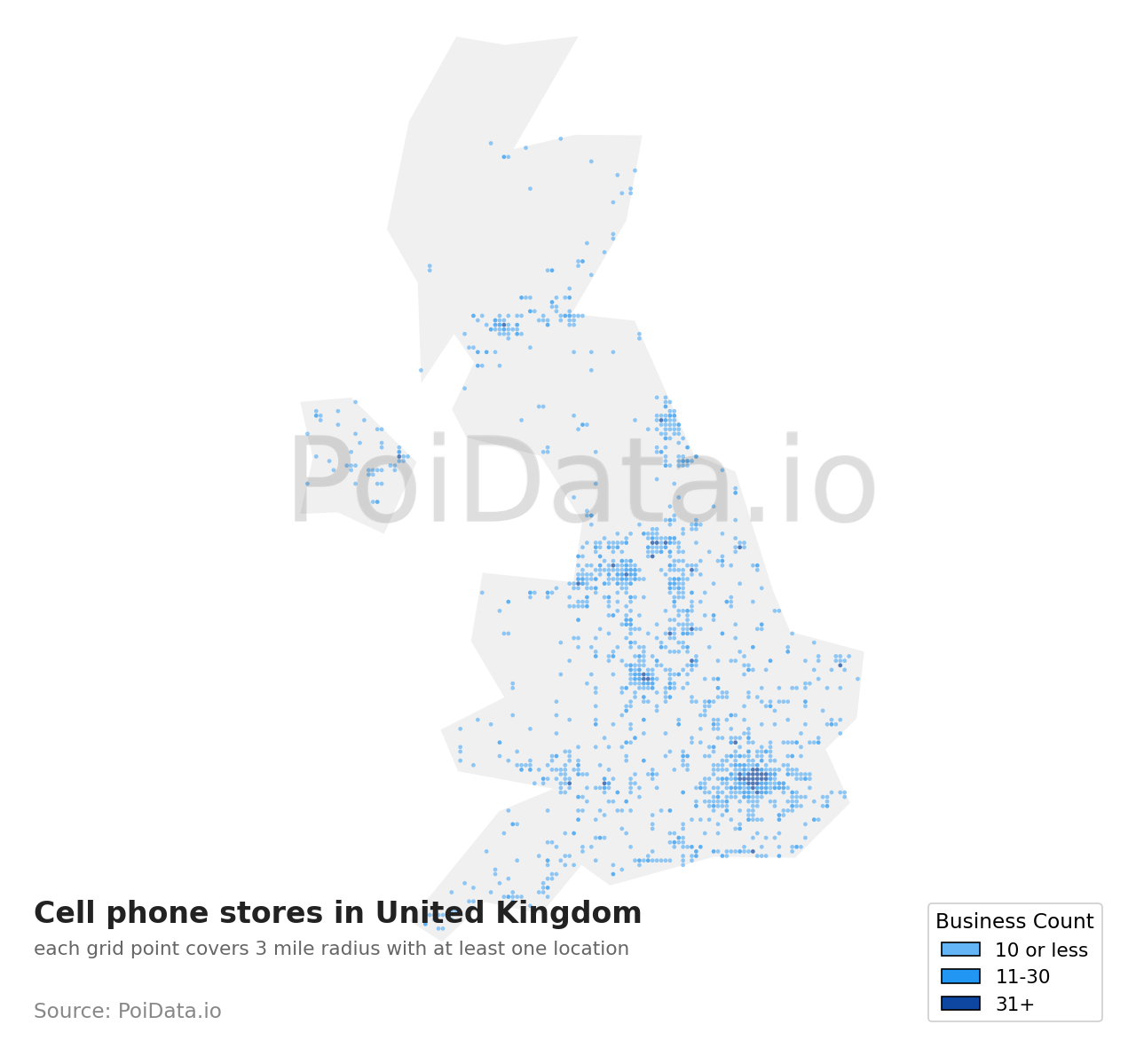 Cell phone store density map for United Kingdom