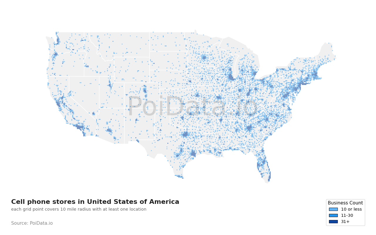 Cell phone store density map for Pennsylvania, United States