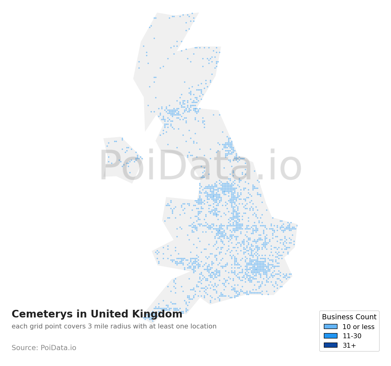 Cemetery density map for United Kingdom