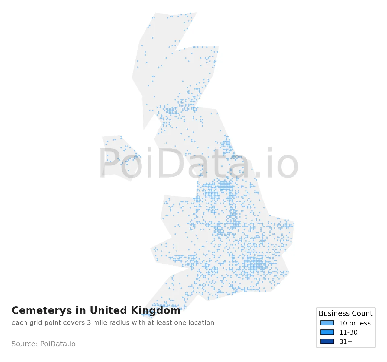 Cemetery density map for United Kingdom