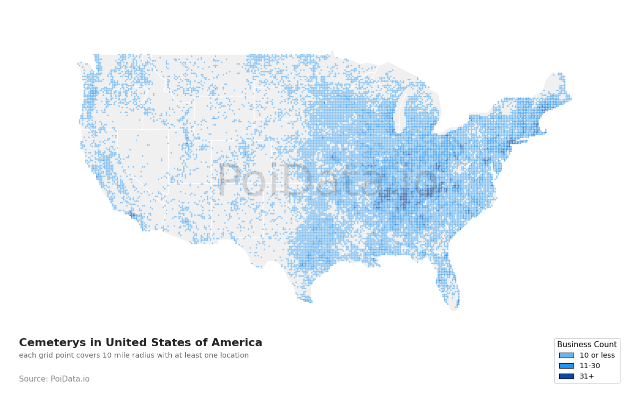 Cemetery density map for United States