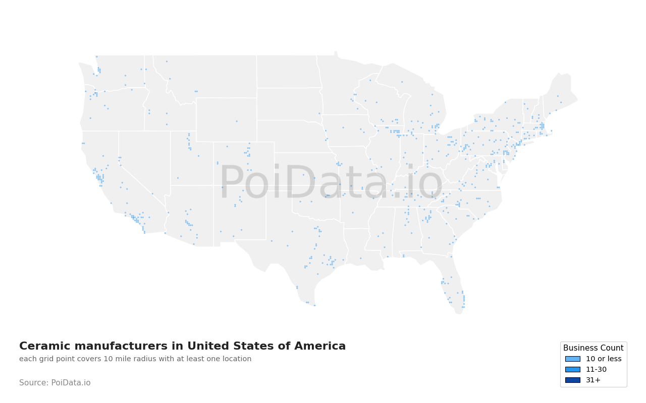 Ceramic manufacturer density map for California, United States