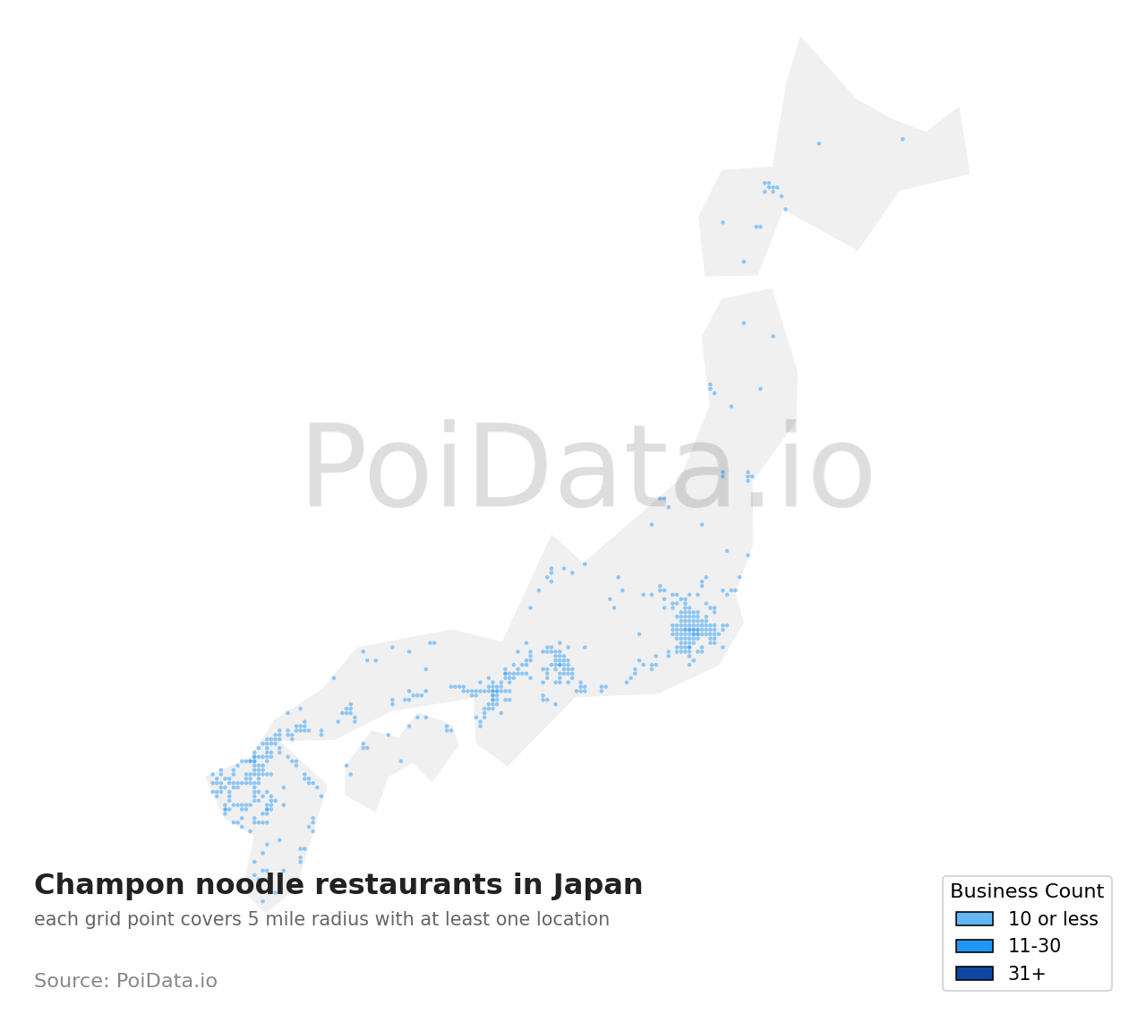 Champon noodle restaurant density map for Kyoto, Japan