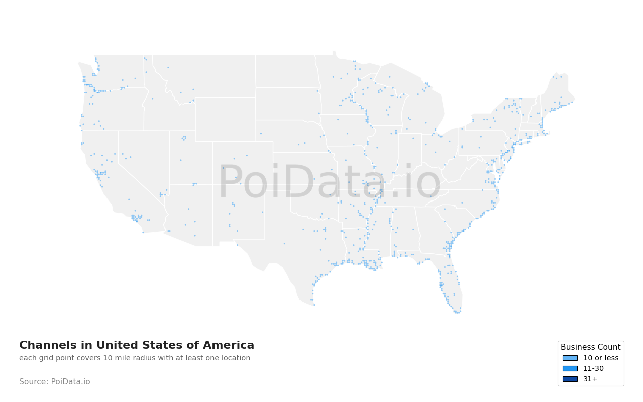 Channel density map for United States