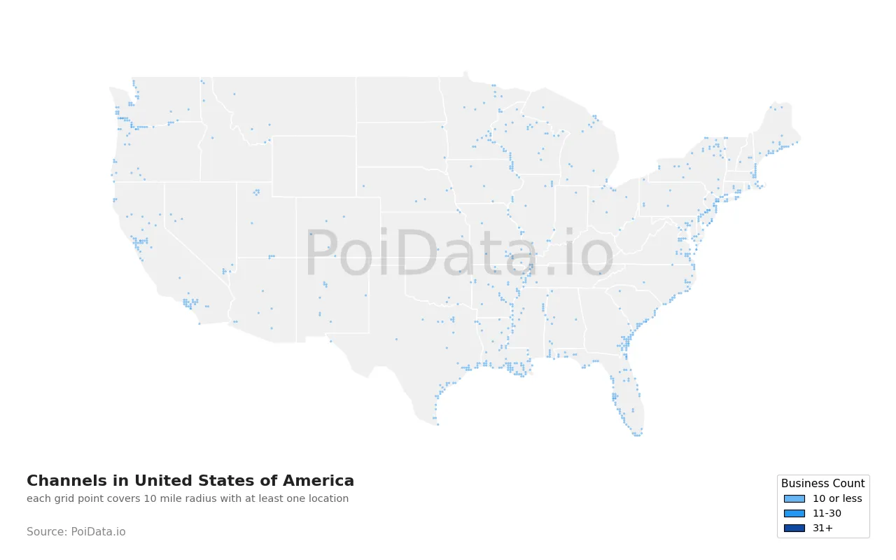 Channel density map for United States