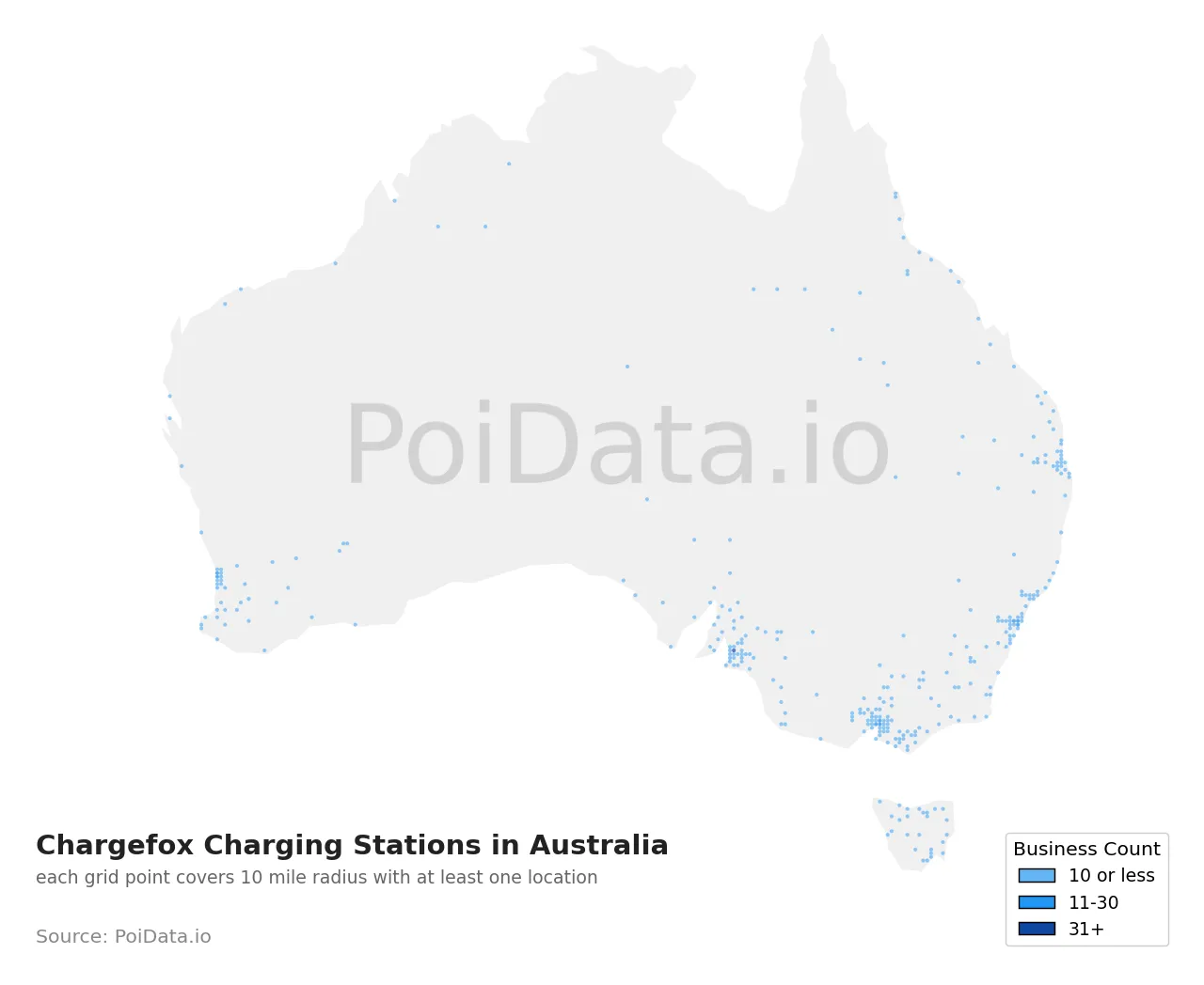 Chargefox Charging Station density map for Australia